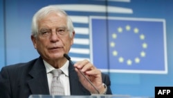 European Union High Representative for Foreign Affairs and Security Policy Josep Borrell gives a press conference at the end of a Foreign ministers affairs council in Brussels, on September 21, 2020.