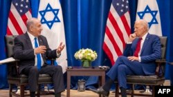 Rais wa Marekani Joe Biden akikutana na waziri mkuu wa Israel Benjamin Netanyahu kando ya mkutano wa 78 wa Baraza Kuu la Umoja wa mataifa mjini New York, Septemba 20, 2023. Picha ya AFP