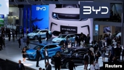德國2023年慕尼黑車展上的中國汽車品牌比亞迪的攤位。 (2023年9月4日)
