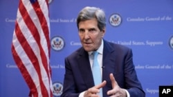 US Special Presidential Envoy for Climate John Kerry speaks during an interview with The Associated Press after the G-7 ministers' meeting on climate, energy and environment in Sapporo, Apr. 16, 2023.