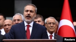 FILE - Turkey's Foreign Minister Hakan Fidan speaks during a ceremony in Ankara, Turkey, June 5, 2023. 