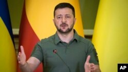 FILE - Ukrainian President Volodymyr Zelenskyy speaks at a press conference in Kyiv, Ukraine, July 1, 2023.