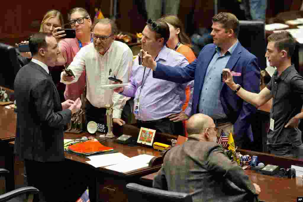 Arizona state Rep. Matt Gress, R-Phoenix, speaks to reporters on the House floor at the Capitol, April 10, 2024, in Phoenix. The Arizona Supreme Court ruled that the state can enforce its long-dormant law criminalizing all abortions except when a mother's life is at stake. 
