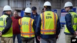US President Joe Biden speaks to employees of the Environmental Protection Agency after touring the East Palestine Recovery Site, Feb. 16, 2024, in East Palestine, Ohio.