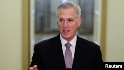 FILE - House Speaker Kevin McCarthy speaks with reporters at the U.S. Capitol in Washington, Sept. 20, 2023.