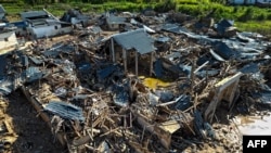 中國廣東梅州洪水受災地區鳥瞰。 （2024年6月21日）