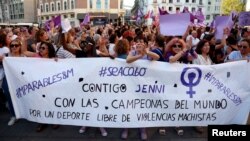 People protest against Spanish Football Federation President Luis Rubiales at Plaza Callao, Madrid, Spain, on Aug. 28, 2023