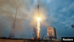 FILE - The lunar landing spacecraft Luna-25 blasts off from a launchpad at the Vostochny Cosmodrome in the far eastern Amur region, Russia, Aug. 11, 2023. (Roscosmos/Vostochny Space Centre/Handout via Reuters)