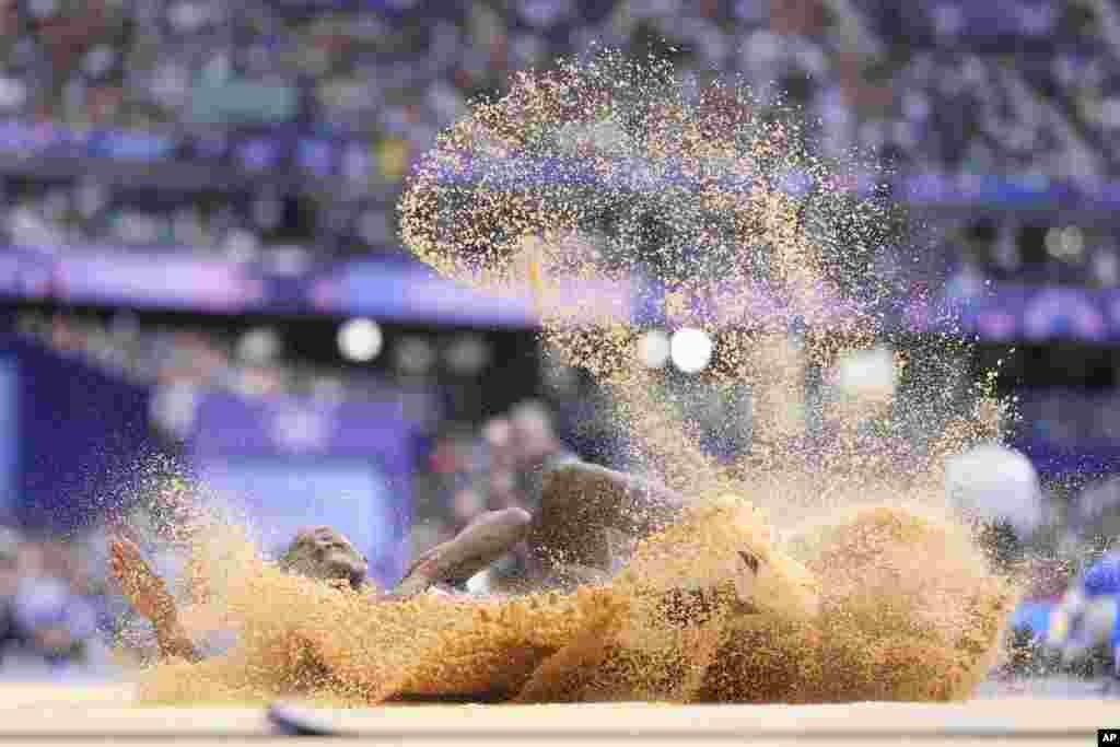 Malcolm Clemons of the United States competes in the men's long jump qualification at the 2024 Summer Olympics in Saint-Denis, France.