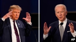 Foto kombinasi - Presiden Donald Trump (kiri) dan mantan Wakil Presiden Joe Biden saat debat presiden pertama di Cleveland, 29 September 2020. (AP/Patrick Semansky)