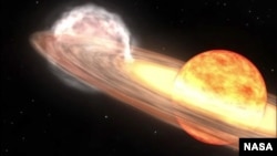 A red giant star and white dwarf orbit each other in this animation of a nova similar to T Coronae Borealis. (NASA/Goddard Space Flight Center)