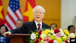 FILE - Vietnam's General Secretary Nguyen Phu Trong speaks at the Communist Party of Vietnam Headquarters in Hanoi, Vietnam, Sept. 10, 2023. Vietnam will hold a state funeral next week for Trong, who died Friday. 