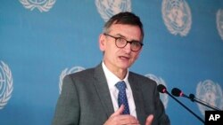 FILE - Volker Perthes, the U.N. envoy for Sudan, speaks during a conference in Khartoum, Sudan, Jan. 10, 2022.