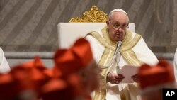 Pope Francis delivers his speech as he presides over the First Vespers and Te Deum, the rite of thanksgiving for the end of the year, in Saint Peter's Basilica at the Vatican, Dec. 31, 2023.