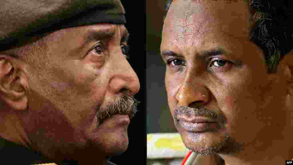 Mkuu wa Majeshi ya Sudan Abdel Fattah al-Burhan (L) na Kamanda wa kikosi cha usaidizi wa haraka cha wanamgambo RSF.Jenerali Mohamed Hamdan Dagalo (Hemedti) (R). Mapigano yamerindima kwa siku ya pili nchini Sudan April 16 baada ya mapambano makali kati ya majenerali mahasimu yaliyouwa darzeni ya watu na kujeruhi takriban watu 600, na kuibua waswasi wa kimataifa. (AFP)