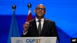 FILE - Simon Stiell, UN climate chief, speaks during a closing plenary session at the COP27 U.N. Climate Summit on Nov. 20, 2022, in Sharm el-Sheikh, Egypt.