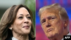 This combination of pictures shows U.S. Vice President Kamala Harris on the South Lawn of the White House on July 22, 2024 and former U.S. president and 2024 Republican presidential candidate Donald Trump in Milwaukee, Wisconsin, on July 18, 2024.