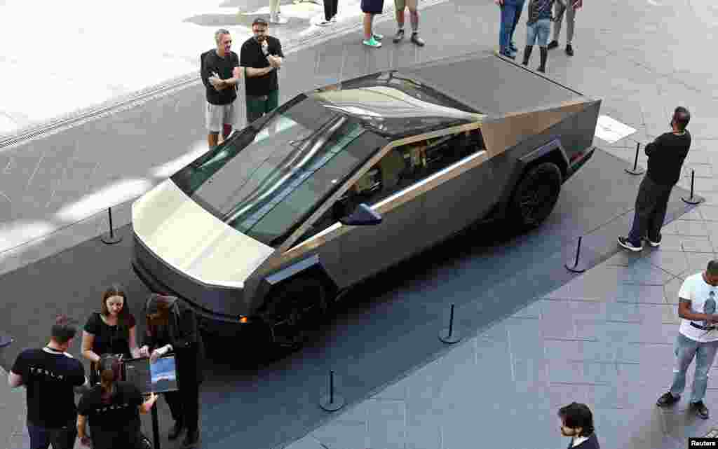 The Cybertruck vehicle by Tesla is presented at the Mall of Berlin in Berlin, Germany.