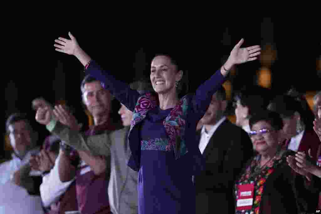 President-elect Claudia Sheinbaum waves to supporters at the Zocalo, Mexico City's main square, after the National Electoral Institute announced she held an irreversible lead in the election.