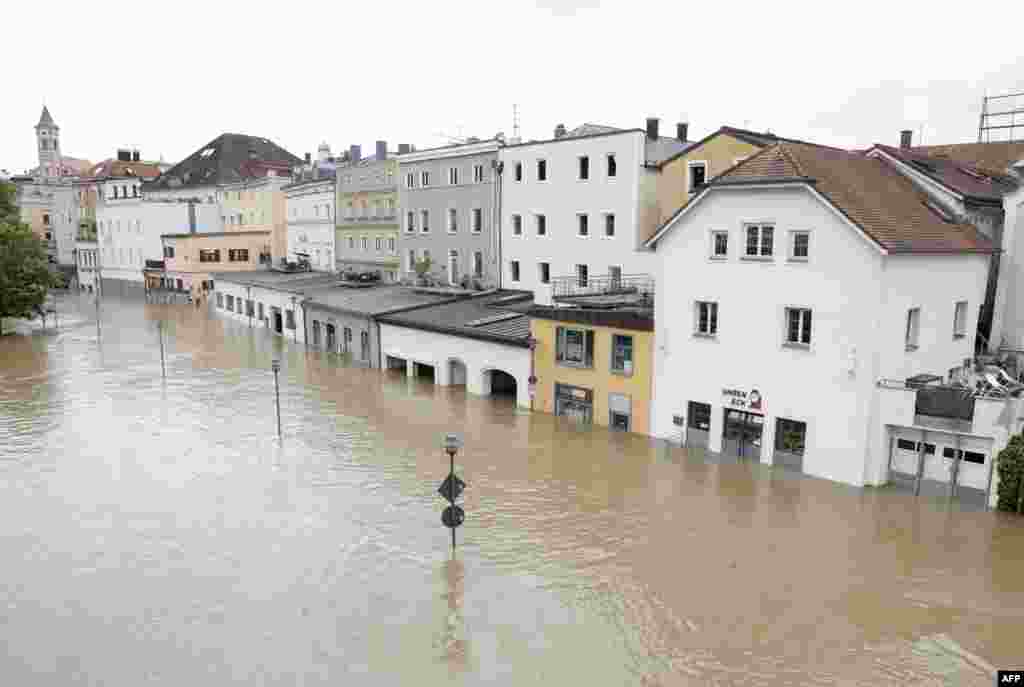 A partial view shows the buildings in a flooded street in the center of Passau in Bavaria, southern Germany.