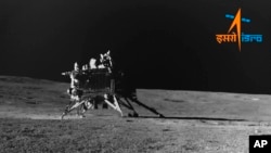 FILE - This image provided by the Indian Space Research Organization shows the Vikram lander as seen by the navigation camera on the Pragyan rover, Aug. 30, 2023. 