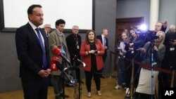 Irish Prime Minister Leo Varadkar speaks at Dublin Castle as counting for the twin referendum to change the Constitution on family and care continues, in Dublin, March 9, 2024.