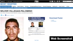 Pantallazo de la web del FBI donde el perfil del colombiano Wilver Villegas-Palomino aparece entre los más buscados.