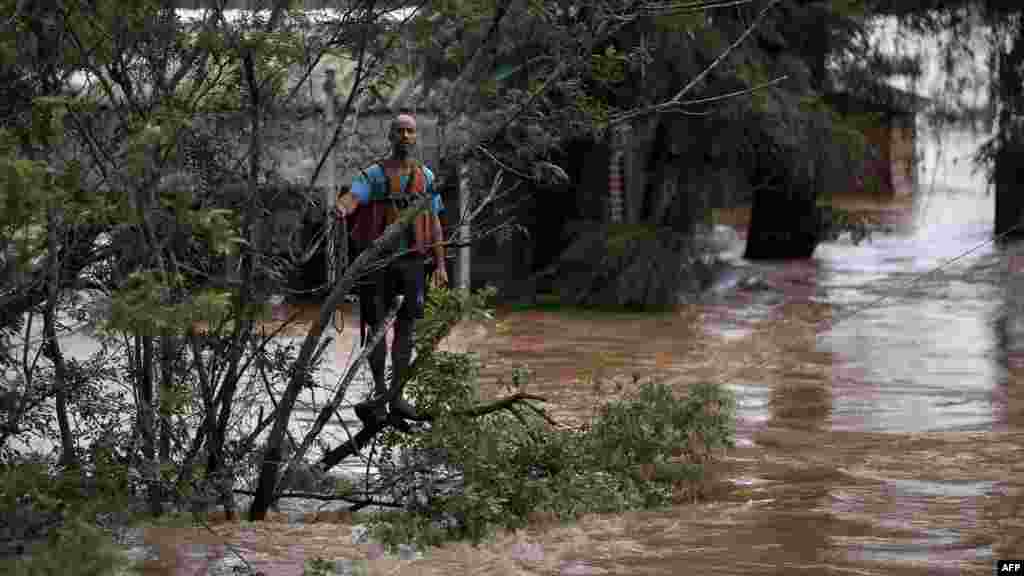 A resident hangs on a tree while waiting for a rescue team, during a flood in Eldorado do Sul, Rio Grande do Sul state, Brazil.