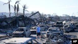 A man walks through wildfire wreckage in Lahaina, Hawaii, Aug. 11, 2023. Hawaii emergency management records show no indication that warning sirens sounded before people ran for their lives from wildfires on Maui that wiped out a historic town.