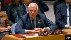 Жозеп Борел, висок претставник на Европската унија за надворешни работи, говори за време на состанокот на Советот за безбедност на ОН, 24 февруари 2023 година. Фотографија направена од видео на „UNTV“.
