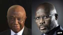 Rais wa Liberia aliyepo madarakani George Weah na mpinzani wake mkuu Joseph Boakai. Picha na JOEL SAGET na Brendan SMIALOWSKI / AFP.
