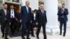 Russian President Vladimir Putin, center right, and Turkish President Recep Tayyip Erdogan, center left, leave their talks at Russia's Black Sea resort of Sochi, Russia, Sept. 4, 2023. 