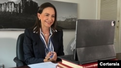 La líder opositora venezolana, María Corina Machado, durante una intervención en el Senado de España.