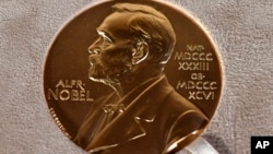 A December 8, 2020, photo of a Nobel Prize medal displayed during a ceremony in New York. (Angela Weiss/Pool Photo via AP)