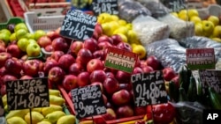 Domestic harvested fruits and vegetables are displayed in Budapest's Grand Market Hall, Hungary, April 8, 2023.
