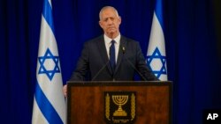 Benny Gantz, a centrist member of Israel's three-member War Cabinet delivers a statement in Ramat Gan, Israel, June 9, 2024. Gantz resigned from his post the same day. 