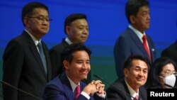 FILE - Move Forward Party leader Pita Limjaroenrat attends a press conference to announce the party's agreement with coalition partners in Bangkok, May 22, 2023.