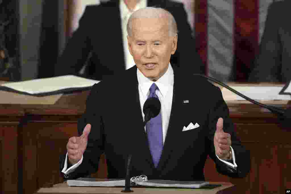 သမ္မတ Joe Biden အမေရိကန်လွှတ်တော်မှာ နိုင်ငံတော်အခြေပြမိန့်ခွန်းပြောကြားစဥ်။ (မတ်လ ၇၊ ၂၀၂၄) 