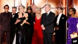 Producer Emma Thomas accepts best motion picture drama award for "Oppenheimer" during the 81st Annual Golden Globe Awards in Beverly Hills, Calif., on Sunday, Jan. 7, 2024. (Sonja Flemming/CBS via AP)