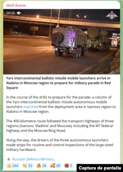 Captura de la publicación en el canal de Telegram del MoD ruso.