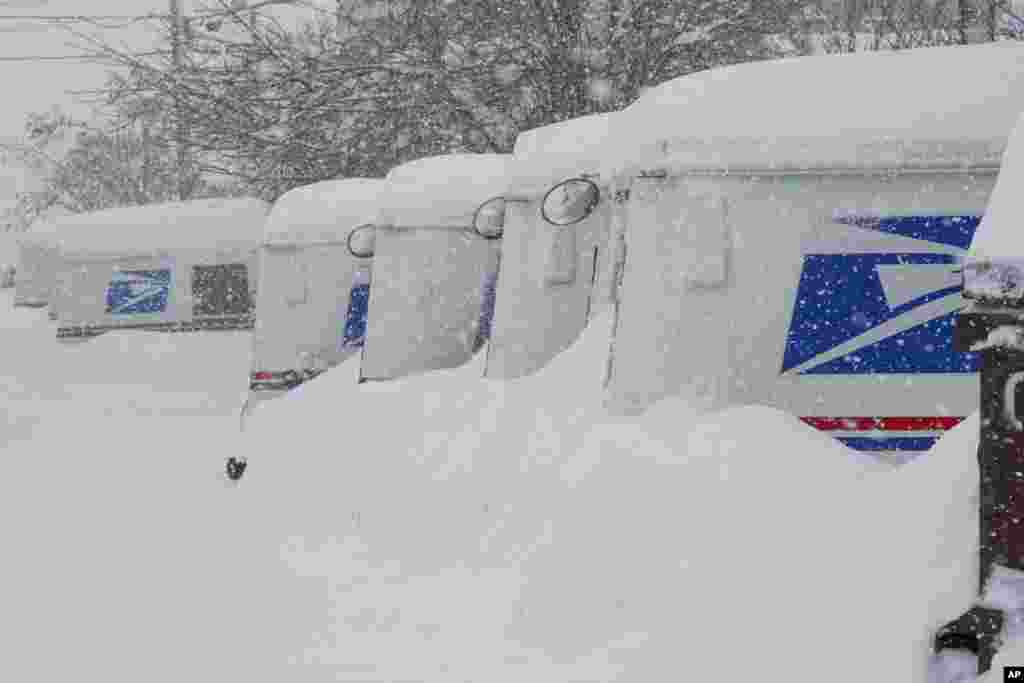 Los camiones de servicio postal estadounidense permanecieron cubiertos de nieve durante la tormenta del domingo 3 de marzo de 2024, en Truckee, California. 