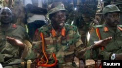 Vincent Otti, the deputy commander of Uganda's Lord Resistance Army (LRA) addresses a news conference in Ri-Kwangba, near the Sudan-Congo border, Sept. 20, 2006.