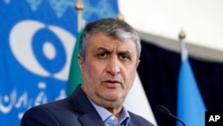 Kepala program nuklir sipil Iran, Mohammad Eslami, berbicara dalam konefrensi pers di Teheran, Iran, pada 4 Maret 2023. (Foto: AP/Vahid Salemi)