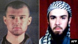 This combination of pictures created, April 17, 2019, shows at left a Feb. 6, 2002, police photo of John Walker Lindh and at right a Feb. 11, 2002, photograph of him from the records of the Arabia Hassani Kalan Surani Bannu madrassa in Bannu, Pakistan.