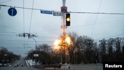 A blast is seen in the TV tower amid Russia's invasion of Ukraine, in Kyiv, March 1, 2022. 