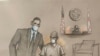Esta representación artística muestra a Mario Antonio Palacios Palacios con su abogado Alfredo Izaguirre ante la jueza federal Jacqueline Becerra en una corte federal, el 4 de febrero de 2022 en Miami. 