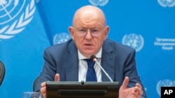 Foto facilitada por la ONU del embajador Vassily Nebenzia, representante permanente de la Federación de Rusia y presidente del Consejo de Seguridad durante el mes de julio, en ronda informativa ante periodistas el 1 de julio de 2024.