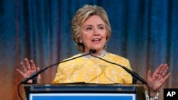 Hillary Clinton speaks during the Children's Health Fund annual benefit in New York, May 23, 2017. A federal judge threw out a lawsuit against Clinton by the parents of two Americans killed in the U.S. diplomatic compound in Benghazi, Libya, ruling the former secretary of state didn't defame them when disputing allegations that she had lied.