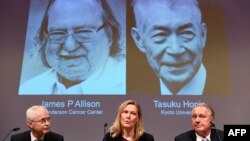 Anggota Komite Nobel untuk bidang Fisiologi atau Kedokteran (kiri ke kanan) Edvard Smith, Anna Wedell, dan Klas Kaerre duduk di depan layar yang menampilkan potret James Allison (kiri) dan Tasuku Honjo dalam pengumuman pemenang Hadiah Nobel 2018 dalam bidang Fisiolog (ilmu faal) atau Kedokteran, di Institut Karolinska, Stockholm, Swedia, 1 Oktober 2018.