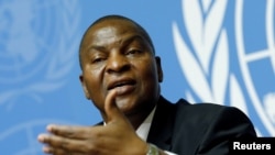 Faustin-Archange Touadera, President of the Central African Republic, addresses a news conference at the Untied Nations in Geneva, Switzerland, Sept. 27, 2017. 